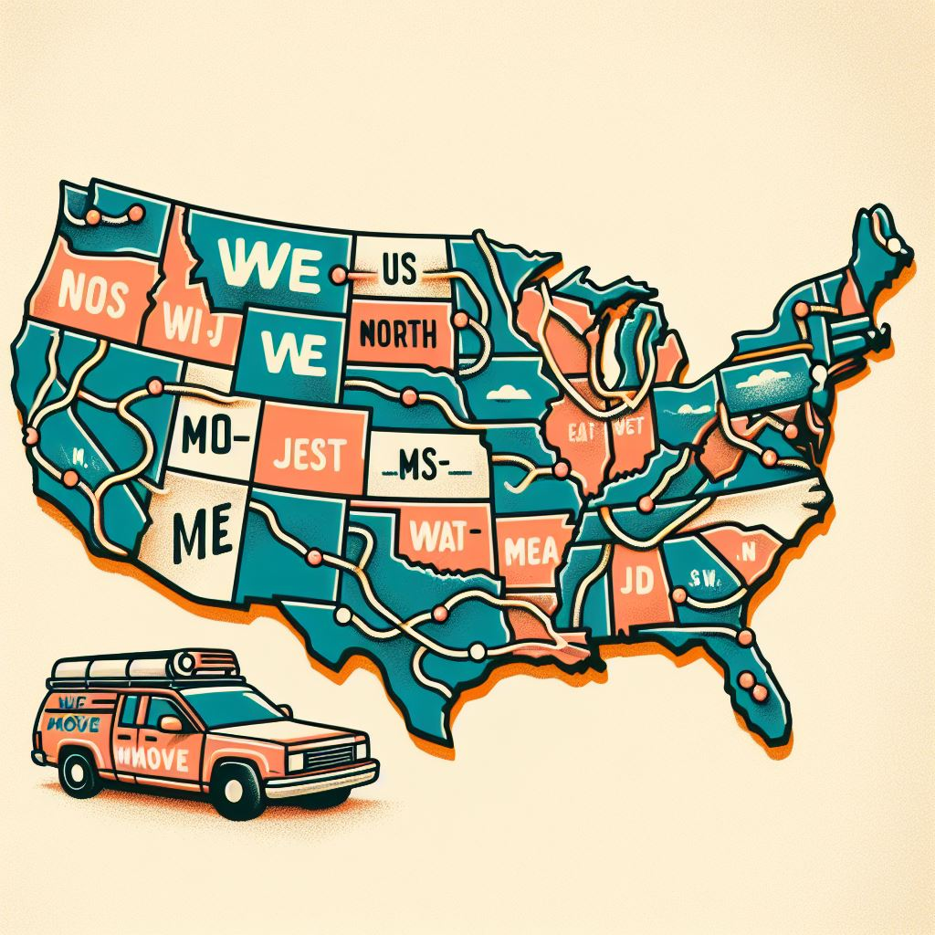 map of the United States with a car with the word WeMove on the side