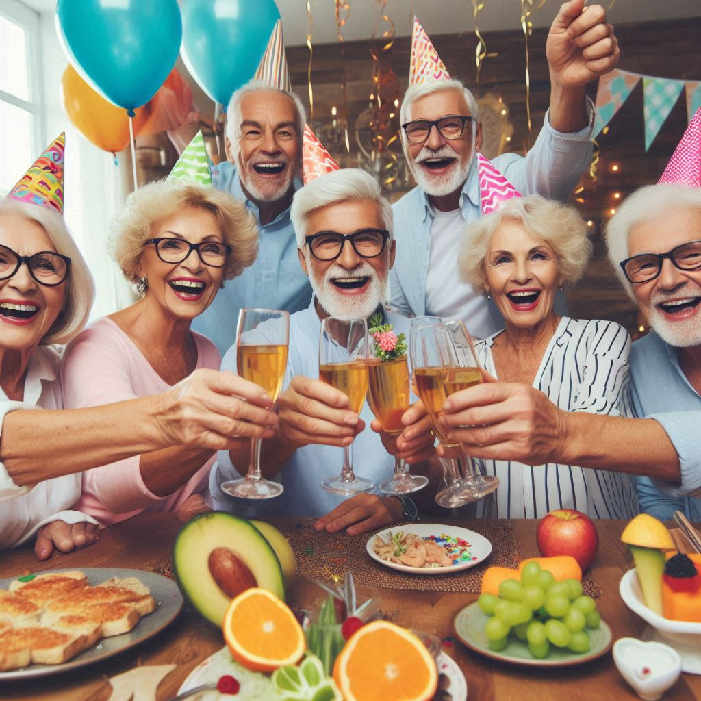 a group of elderly men and women having a party, snacks, drinks, and booze