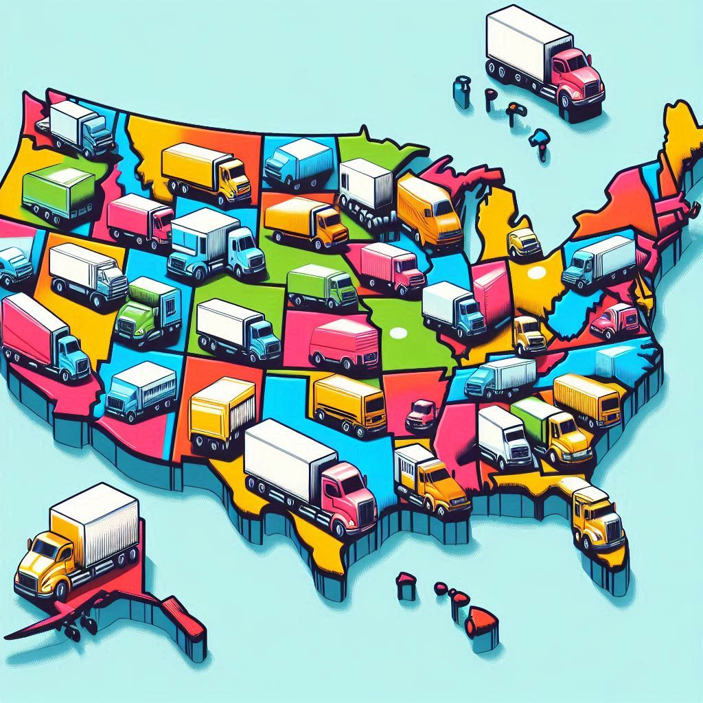 Image of the United States with a bunch of moving trucks in each state