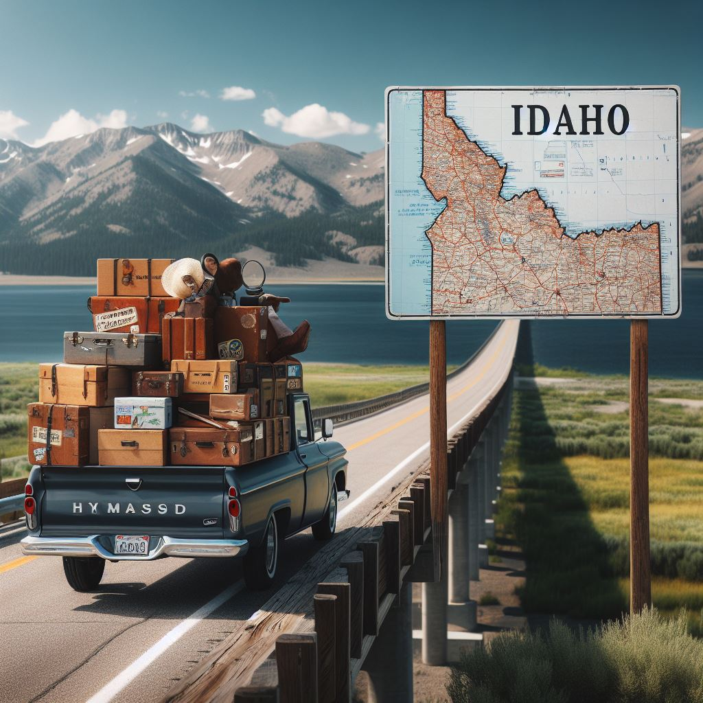 an image of a pickup truck full of luggage and boxes crossing into the state of Idaho