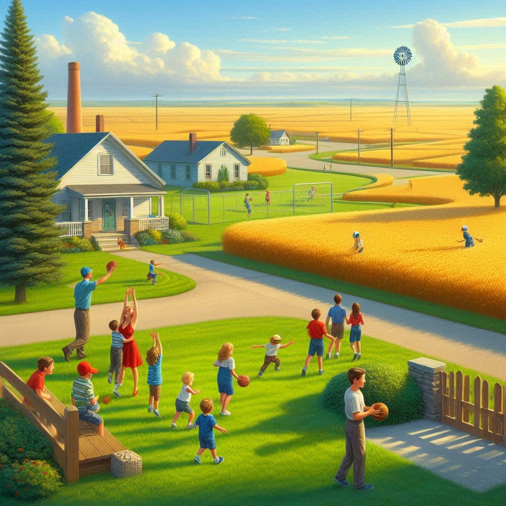 an image of kids and families playing in the fields and on freshly cut grass outside of a home