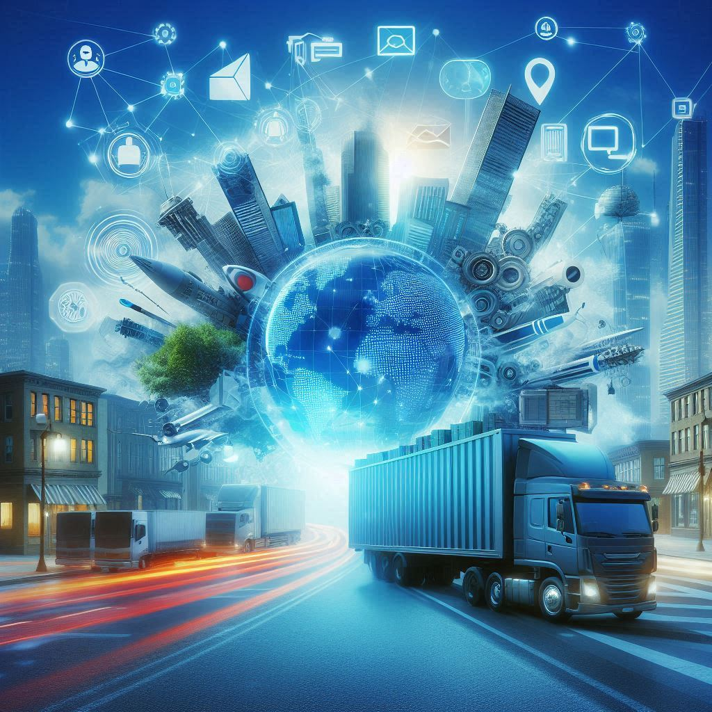 an image of a moving truck with technology surrounding it in the background on a road