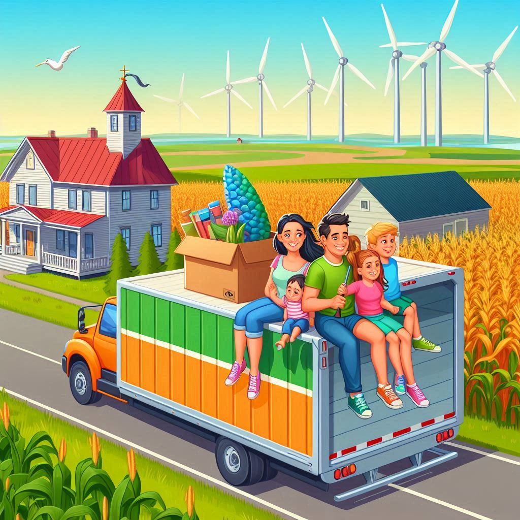 An image of a family sitting on a moving truck in Iowa next to a house and a corn field