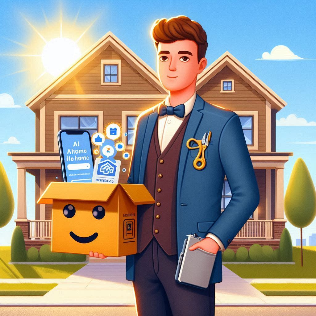 An image of a real estate agent holding a moving box full of sales materials