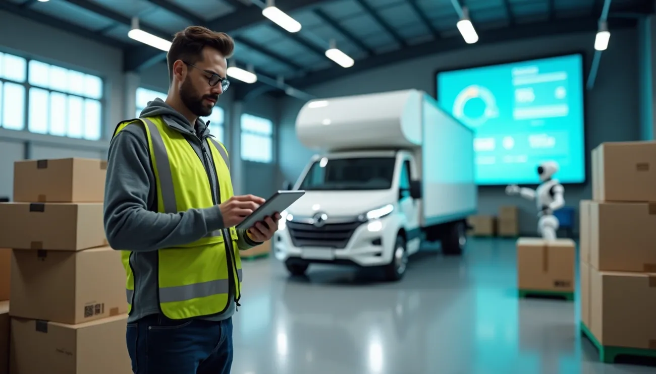 a man looking at a smart tablet in a warehouse with moving boxes and a moving truck and robot