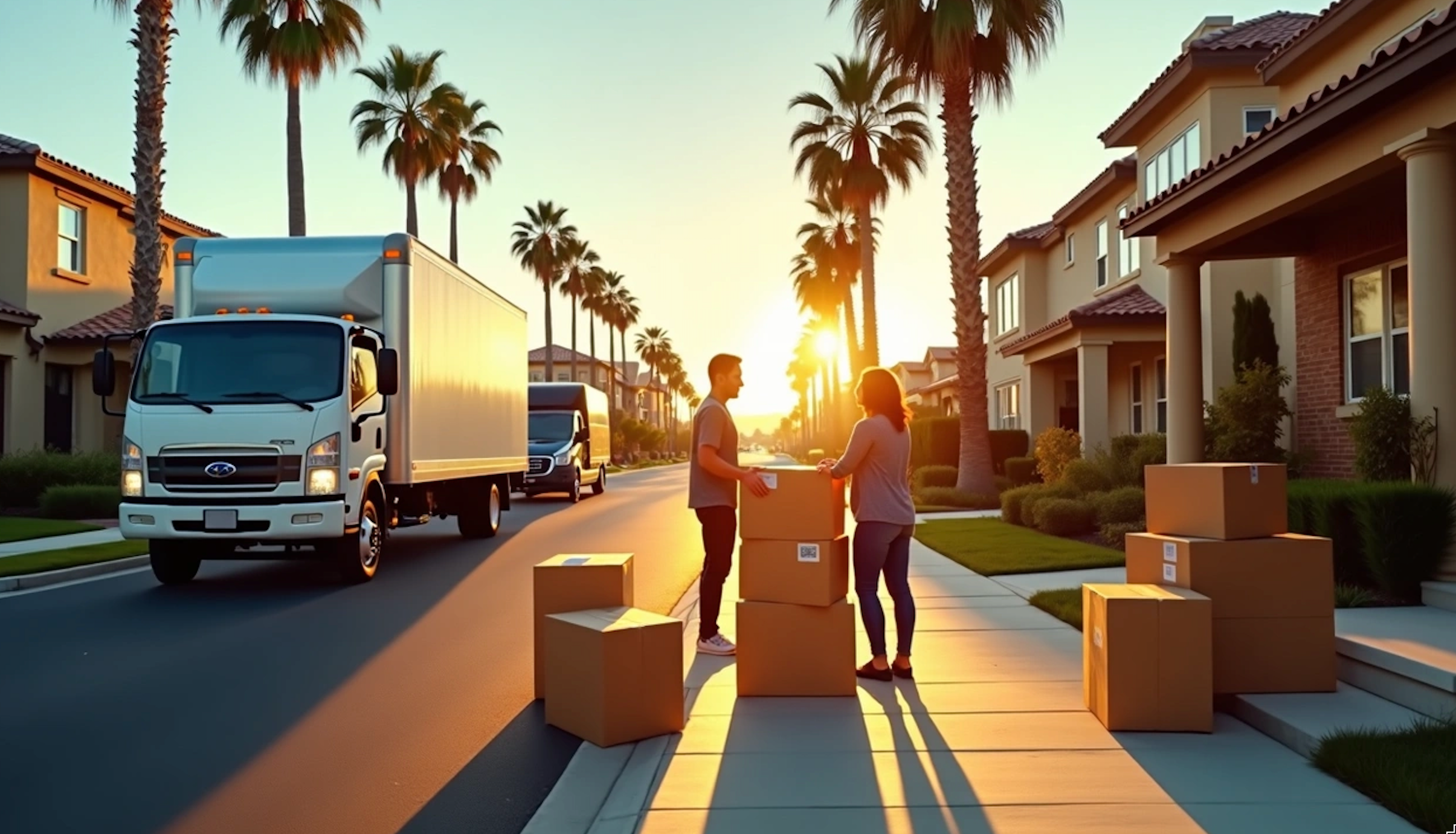 a couple standing on a palm tree lined street in front of their home surrounded by moving boxes