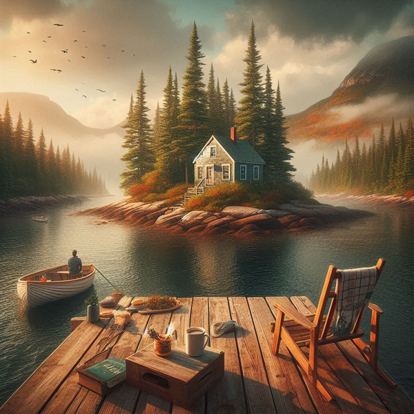 an image of a dock with a person in a row boat looking at a house on an island