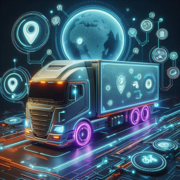 an image of a moving truck with purple hologram wheels and a number of technology symbols